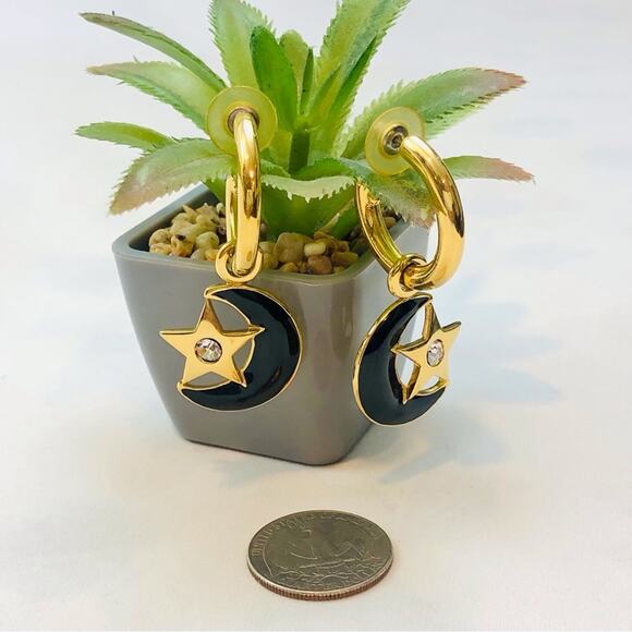 Vintage 80's Earrings Black Half Moon Gold Hoop Dangle Rhinestone Spacecore - Picture 13 of 16